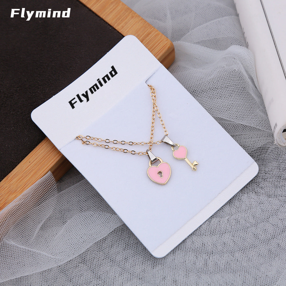 Flymind 2 pcs/Paired New Statement Couple Necklace for Women Fashion Key Lock Pendant Link Chain Fashion Jewelry Heart Necklace